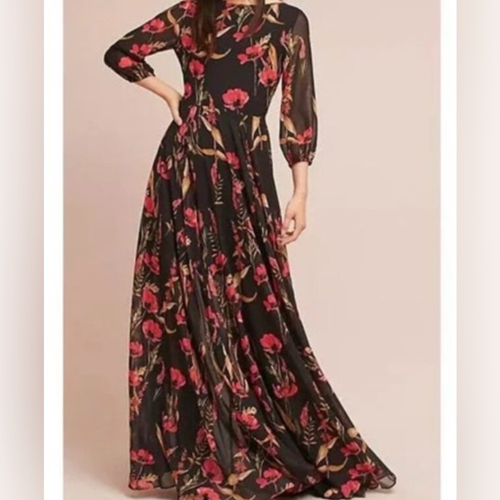 Yumi Kim - Anthropologie Black Maxi Dress with Red and Green Floral Design